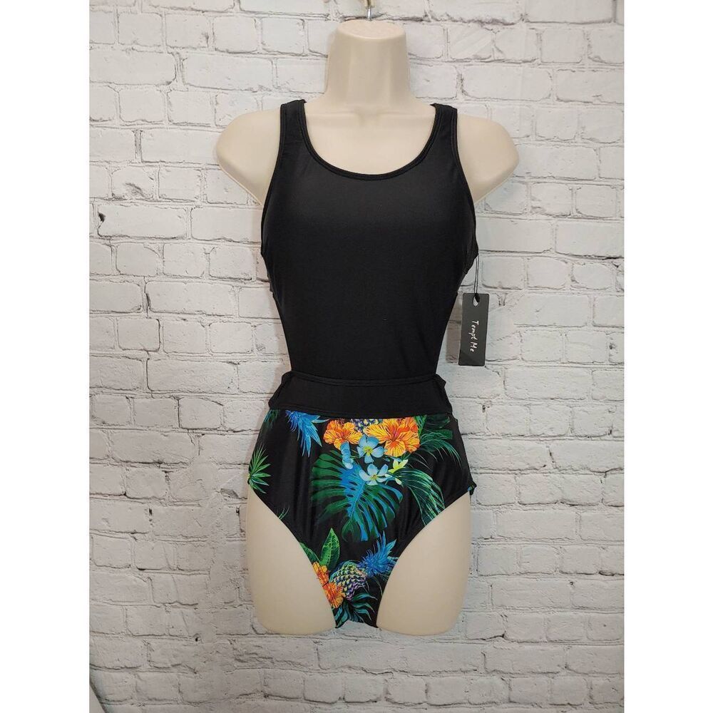 Tempt Me Women's Size XS Black Floral One Piece Bathing Suit